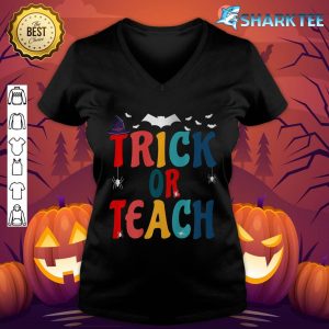 Retro Vintage Groovy Trick Or Teach Halloween Teacher Life Premium V-neck