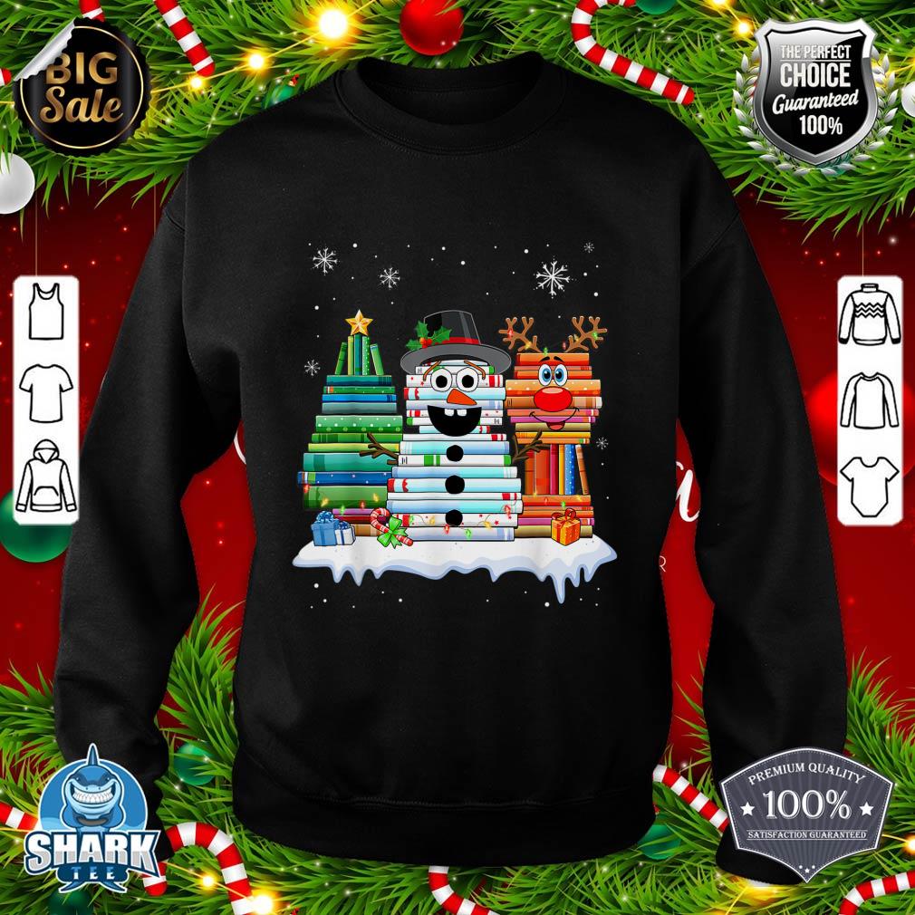 Christmas Tree Snowman Reindeer Book Stack Tee Librarian sweatshirt