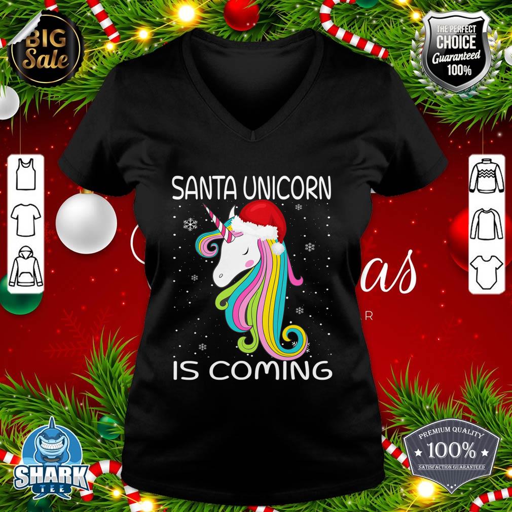 Nice Santa Unicorn Is Coming Santa Hat Christmas Pajama For Girls v-neck