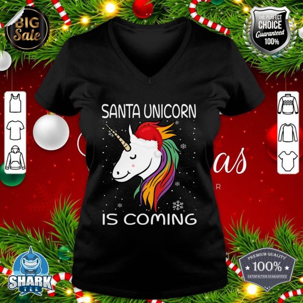 Santa Unicorn Is Coming Santa Hat Christmas Pajama For Girls v-neck