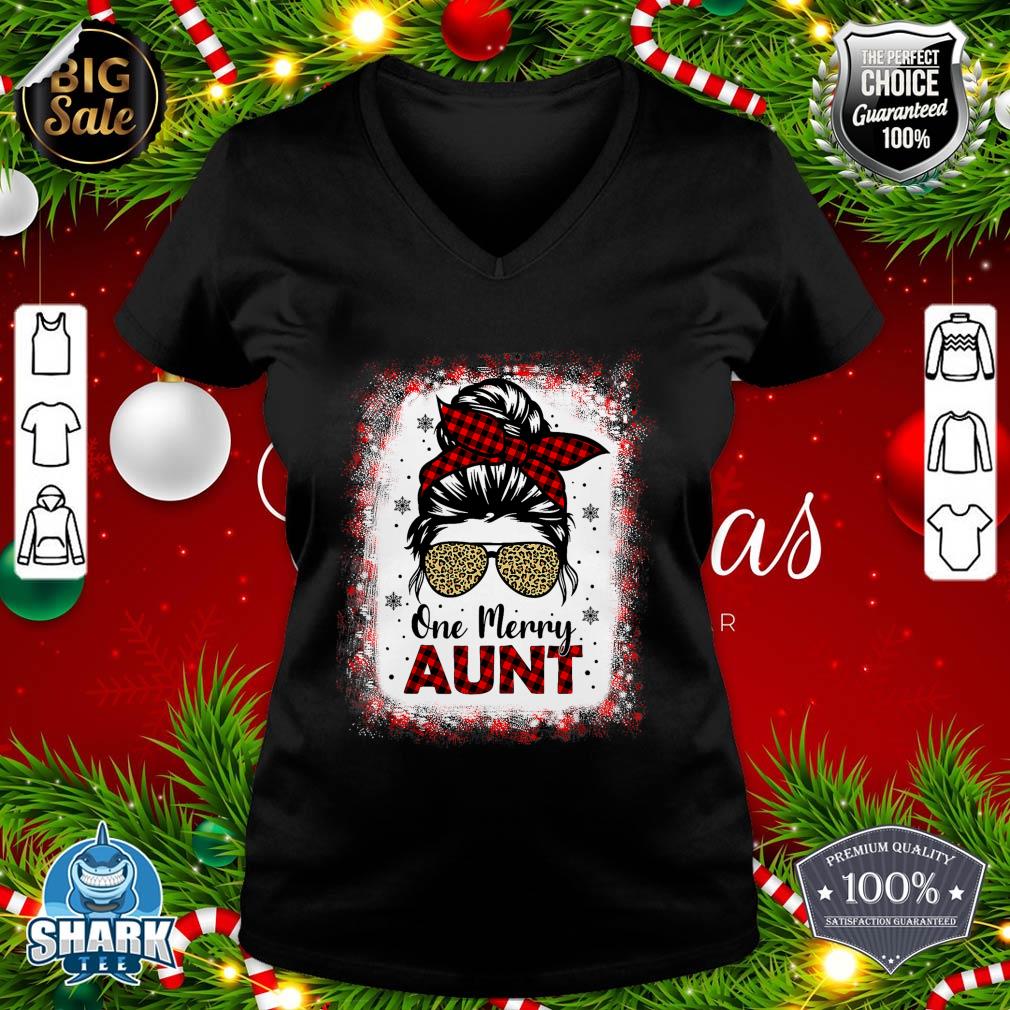 Bleached One Merry Aunt Leopard Buffalo Plaid Christmas v-neck