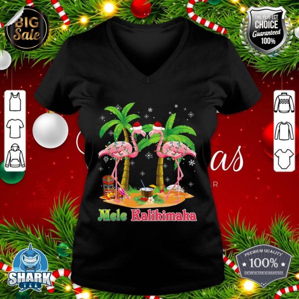 Mele Kalikimaka Flamingo On Beach Christmas Merry In July v-neck