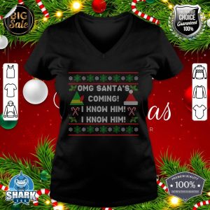 Santa's Coming! I Know Him! Ugly Christmas Sweater Funny Elf v-neck