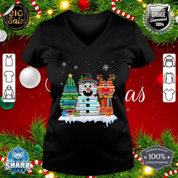 Christmas Tree Snowman Reindeer Book Stack Tee Librarian v-neck