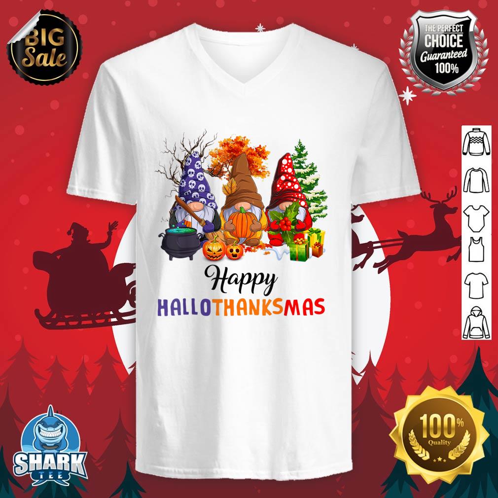 Halloween Thanksgiving Christmas Happy HalloThanksMas Gnomes v-neck