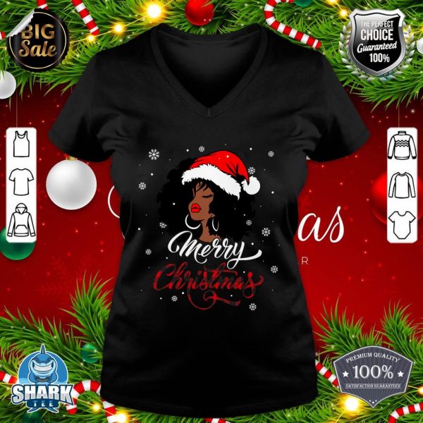 Merry Christmas Buffalo Plaid Queen Santa Afro American Xmas v-neck