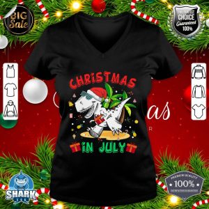 T Rex Christmas In July Shirt for Boys Toddler Kids Dinosaur v-neck