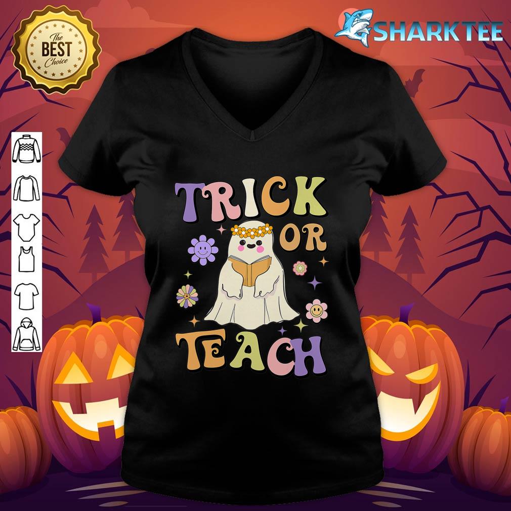 Groovy Trick Or Teach Hippie Ghost Funny Teacher Halloween v-neck