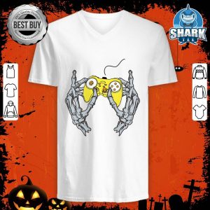 Halloween Skeleton Gamer Hand Controller Video Games Gaming v-neck