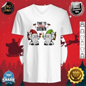 Funny Wine Lover Christmas Gnomes Time to Wine Down Xmas v-neck