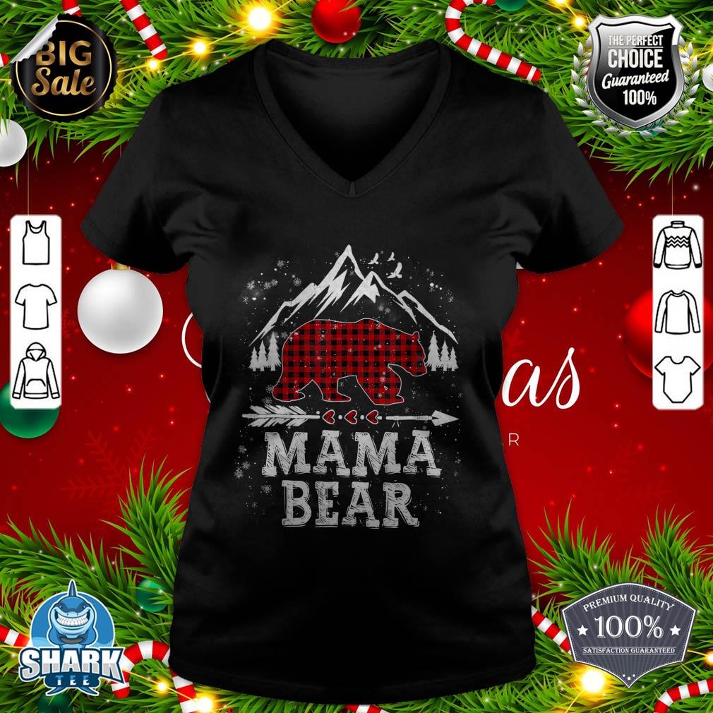 Mama Bear Christmas Pajama Red Plaid Buffalo Family Group v-neck