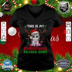 This Is My Christmas Pajama Shirt Unicorn Santa Hat Lights v-neck
