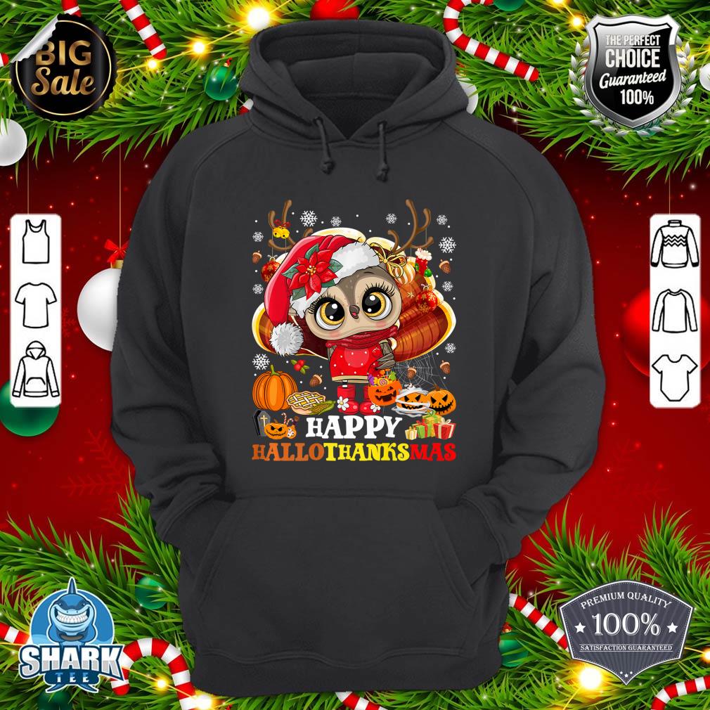 Owl Thankgiving Halloween Christmas Happy Hallothanksmas Premium hoodie