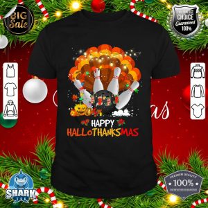 Bowling Halloween And Merry Christmas Happy Hallothanksmas shirt