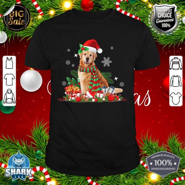 Christmas, Golden Retriever Dog, Santa Hat Lights Presents shirt