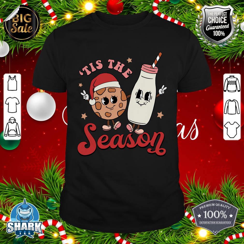 Tis The Season Cookies Milk Santa Hat Christmas Retro Xmas shirt