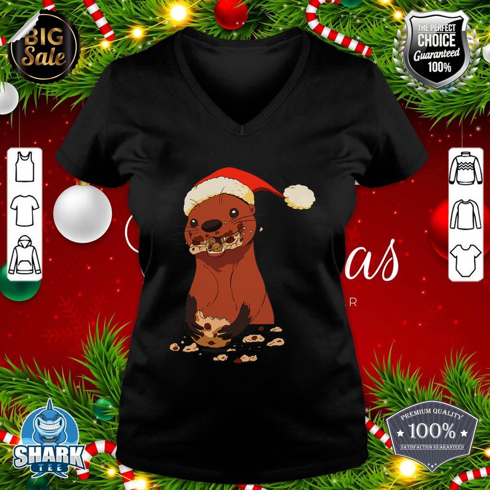 Funny Christmas Otter Eating Cookies v-neck