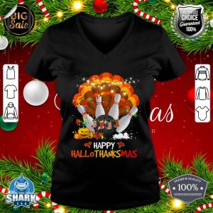 Bowling Halloween And Merry Christmas Happy Hallothanksmas v-neck