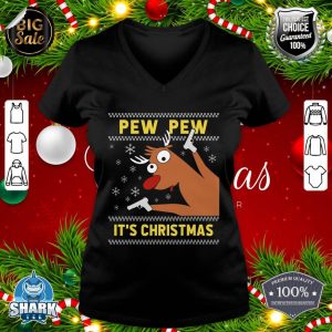 Ugly Sweater Crazy Reindeer Funny Pew Pew Its Christmas v-neck