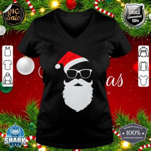 Funny Hipster Santa Face with Hat beard & Glasses Christmas v-neck