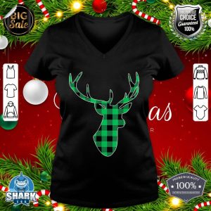 Classic Green and Black Buffalo Plaid Christmas Deer Head v-neck