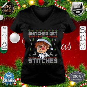 SNITCHES GET STITCHES Funny Elf Snitched To Santa Claus Xmas v-neck
