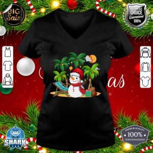 Christmas in July Snowman on Palm Tree Tropical Beach v-neck