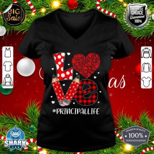 Funny Plaid Heart LOVE Principal Valentine Day Christmas v-neck