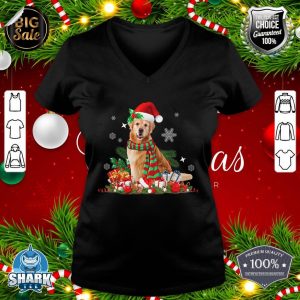 Christmas, Golden Retriever Dog, Santa Hat Lights Presents v-neck