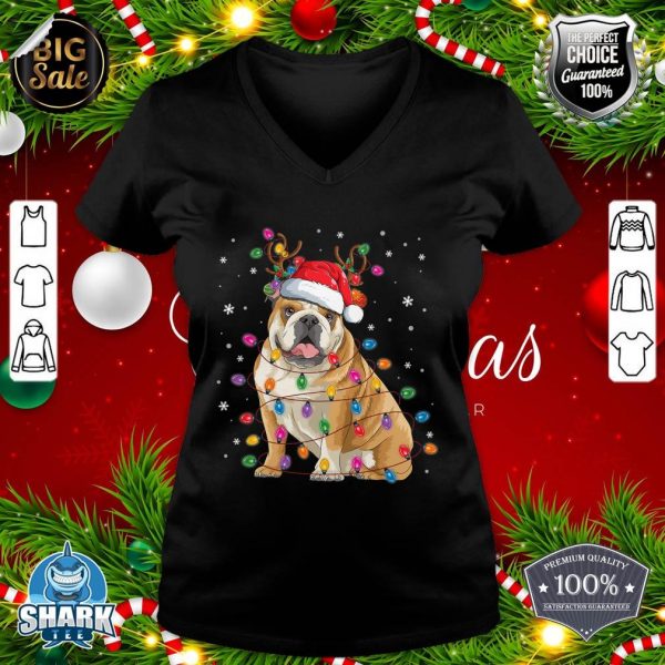 English Bulldog Christmas Reindeer Santa Hat Funny Dog Lover v-neck