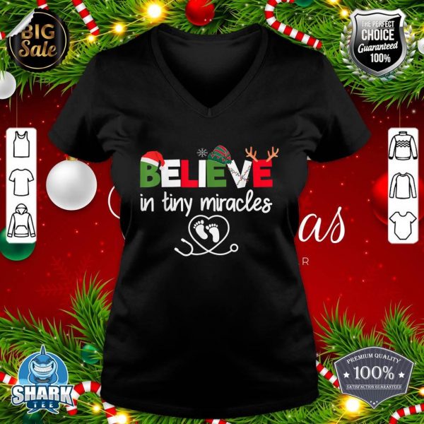 Believe In Tiny Miracles Christmas Pregnancy Xmas New Baby v-neck