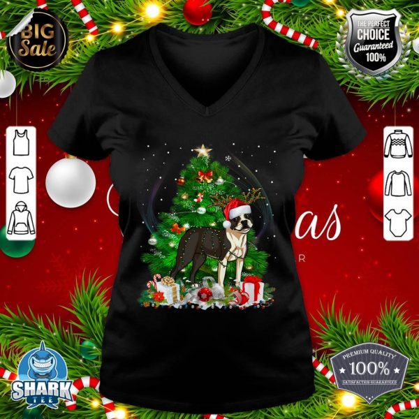 Funny Boston Terrier Christmas Tree Light Pajama Dog Xmas v-neck