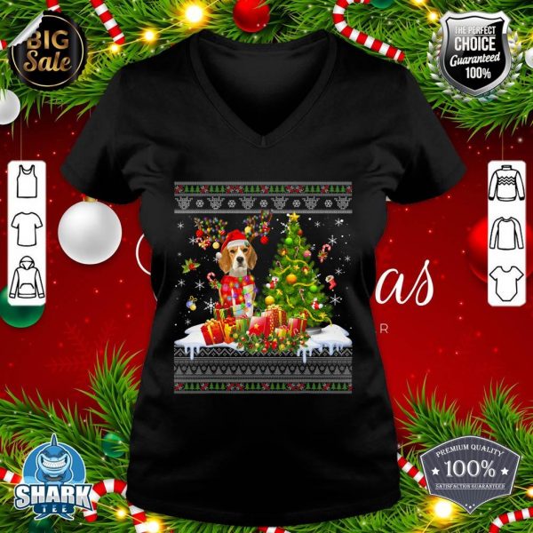 Funny Christmas Lights Beagle Dog Funny Xmas Ugly Sweater v-neck
