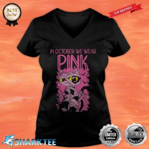 Black Cat Mummy Halloween Ribbon Breast Cancer Awareness V-neck