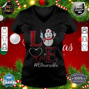 Cute Snowman Heartbeat Merry Christmas LOVE ER Nurse Life v-neck