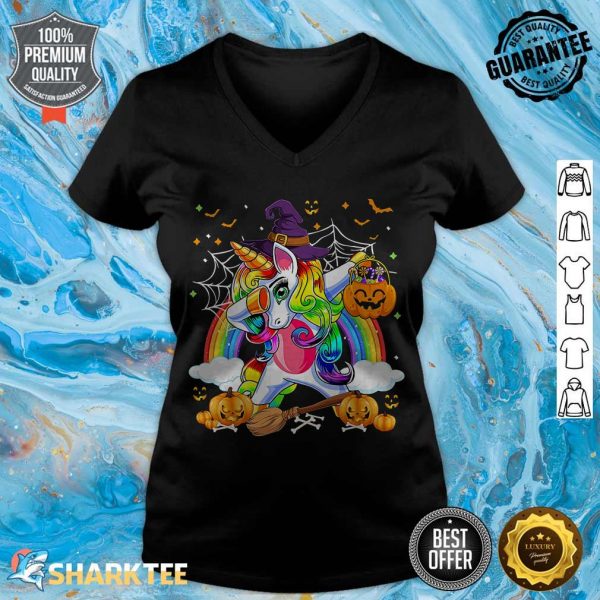 Cute Halloween Girls Women Witchy Dabbing Unicorn Halloween v-neck