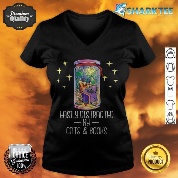 Easily Distracted by Cats And Books Lover Book Nerd Librarian Premium v-neck