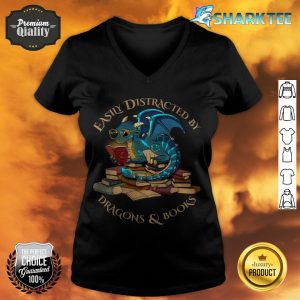 Easily Distracted By Dragons And Books Gift Nerd Dragon v-neck