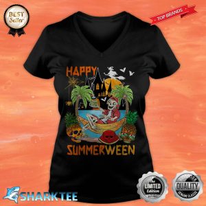 Happy Summer Halloween Skeleton With Fruits Horror Skull V-neck
