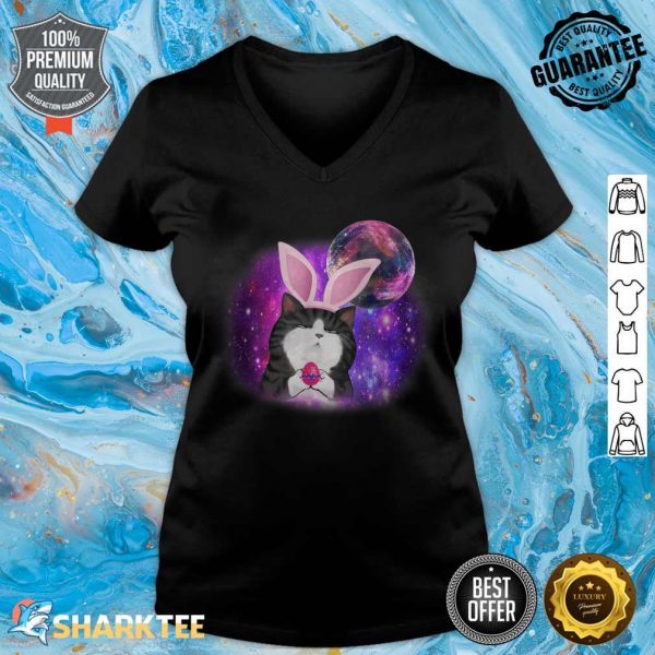 Funny Cat Easter Day Cute Mew Mew With Galaxy Happy Rabbit v-neck